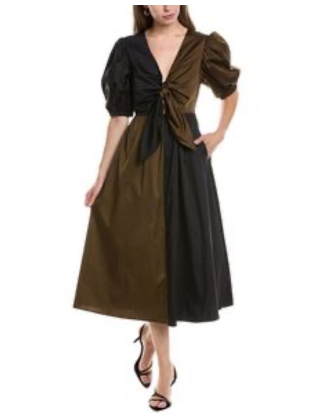 CROSBY by Mollie Burch Two-Tone Black Chocolate Brown Puff Sleeve Midi Dress
